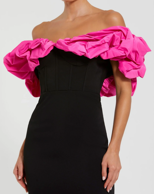 Mac Duggal Black Crepe & Faille Off The Shoulder Gown