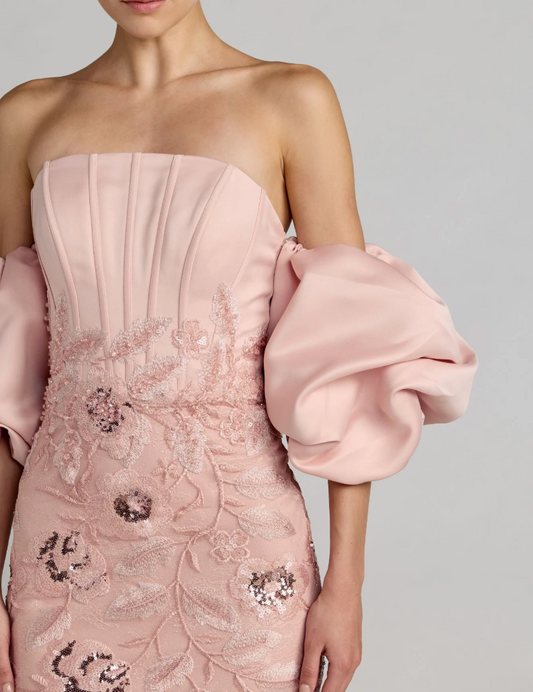 Mac Duggal Floral off Shoulder Puff Trumpet Gown