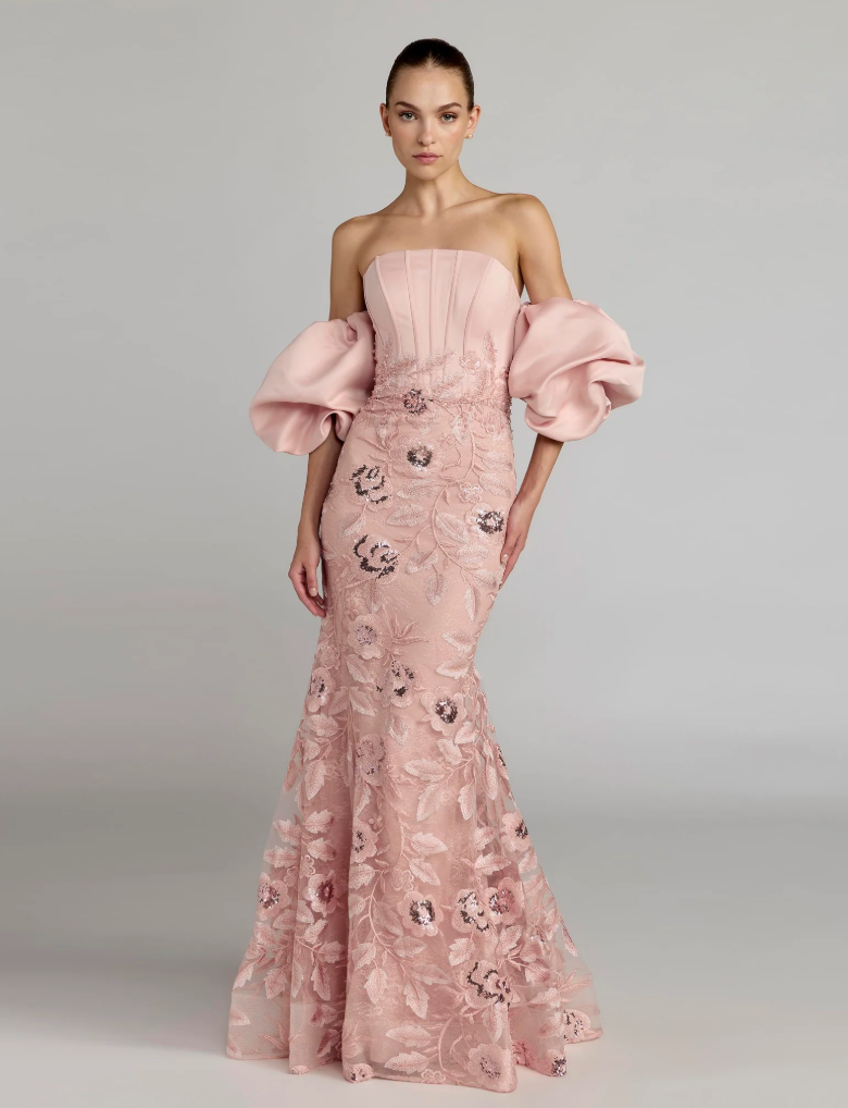 Mac Duggal Floral off Shoulder Puff Trumpet Gown
