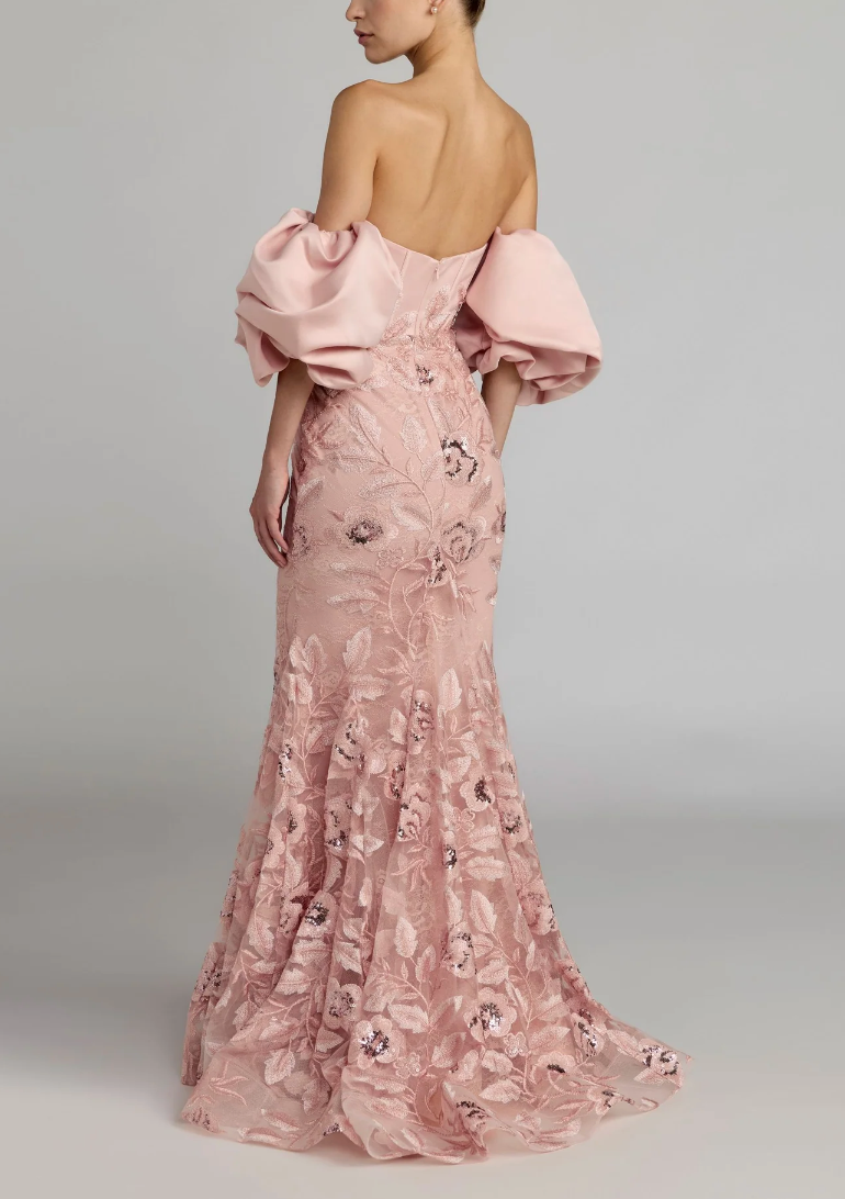 Mac Duggal Floral off Shoulder Puff Trumpet Gown