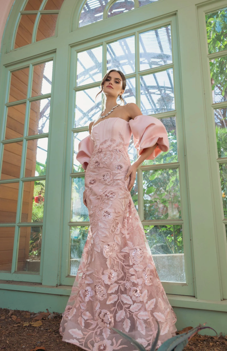 Mac Duggal Floral off Shoulder Puff Trumpet Gown