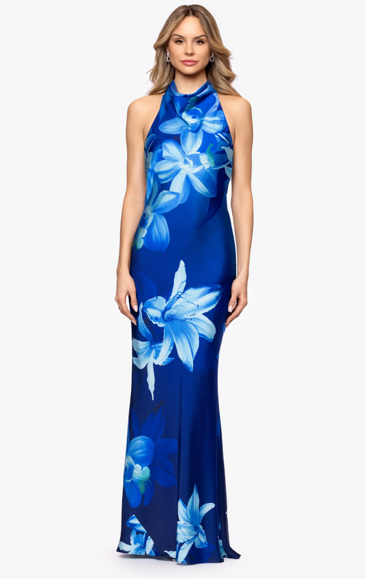 Betsy Adam Maya Print Satin Halter Neck Floor Length Dress