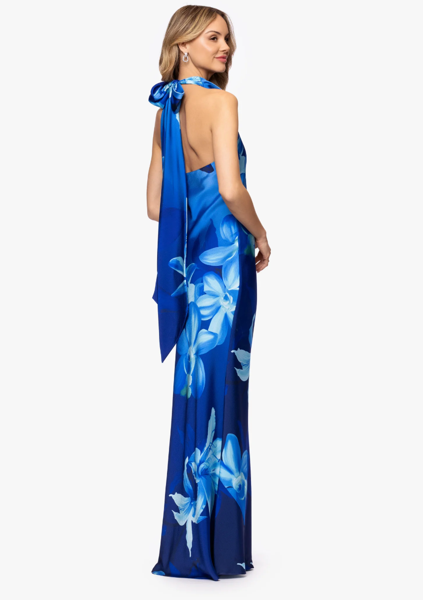 Betsy Adam Maya Print Satin Halter Neck Floor Length Dress
