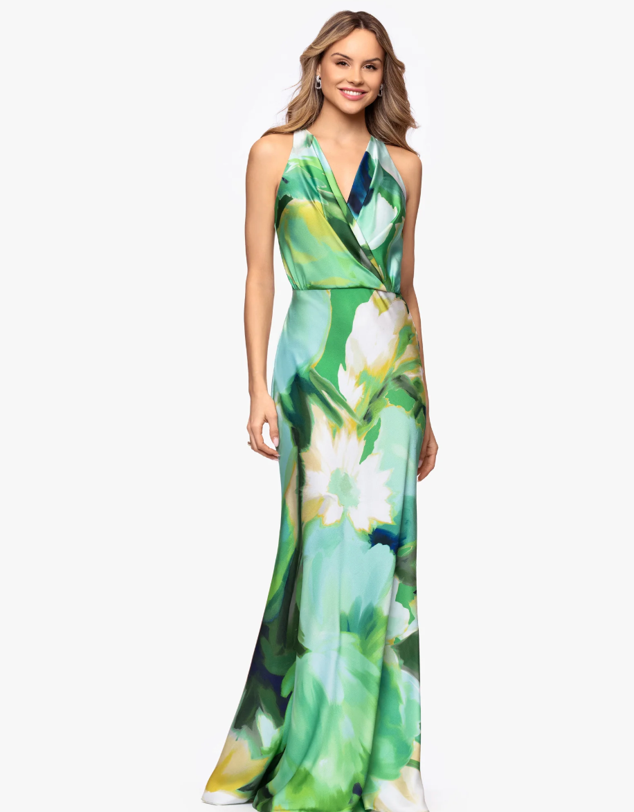 Betsy & Adam Solana Satin Print V Neck Floor Length Dress