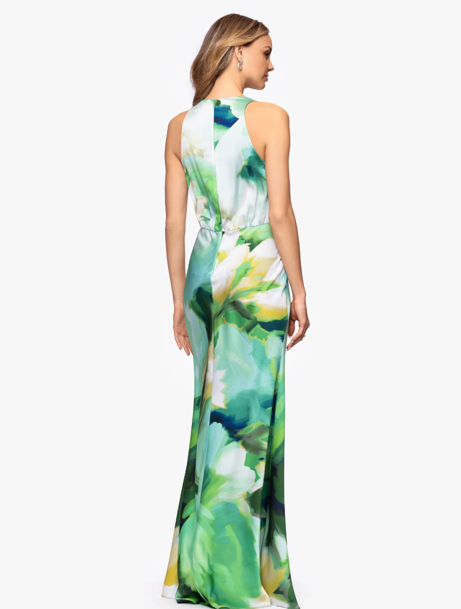 Betsy & Adam Solana Satin Print V Neck Floor Length Dress