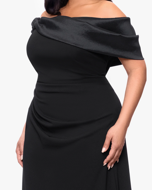 Betsy & Adam Monica Scuba Crepe Off the Shoulder Taffeta Trim Ruch Floor Length Dress