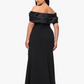 Betsy & Adam Monica Scuba Crepe Off the Shoulder Taffeta Trim Ruch Floor Length Dress