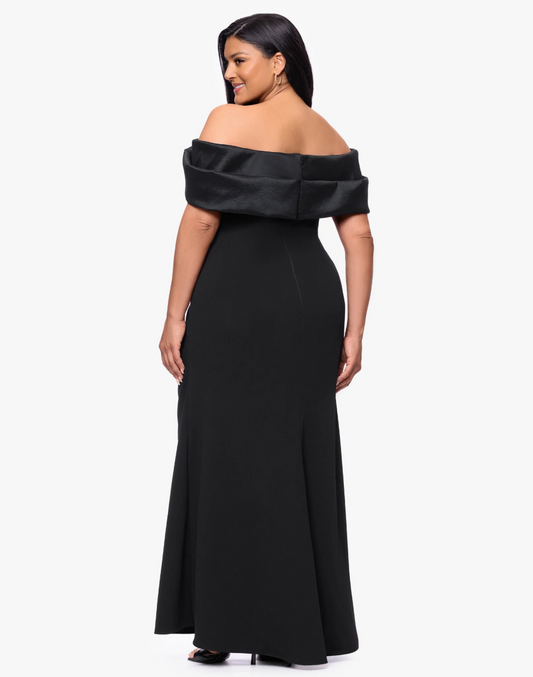 Betsy & Adam Monica Scuba Crepe Off the Shoulder Taffeta Trim Ruch Floor Length Dress