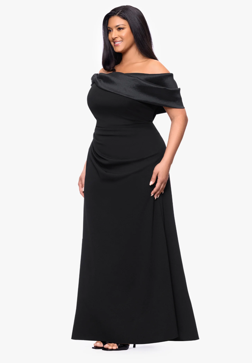 Betsy & Adam Monica Scuba Crepe Off the Shoulder Taffeta Trim Ruch Floor Length Dress