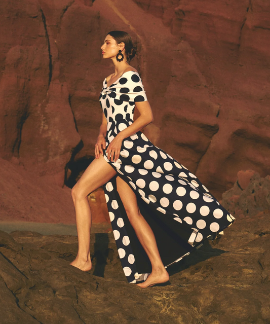 Leo & Ugo Off-shoulder long polka dot dress