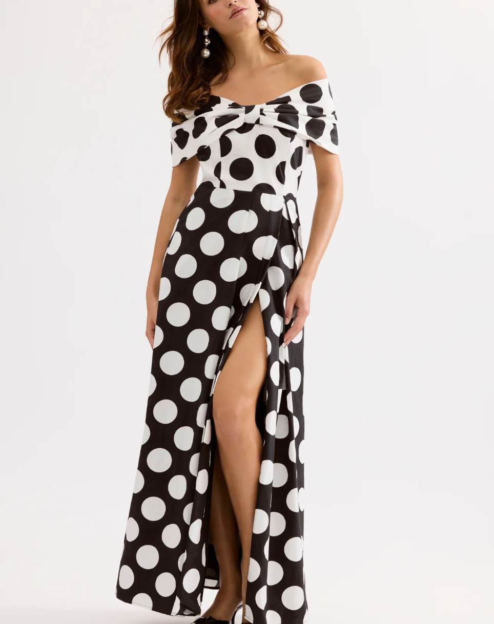 Leo & Ugo Off-shoulder long polka dot dress