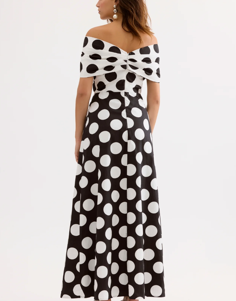 Leo & Ugo Off-shoulder long polka dot dress