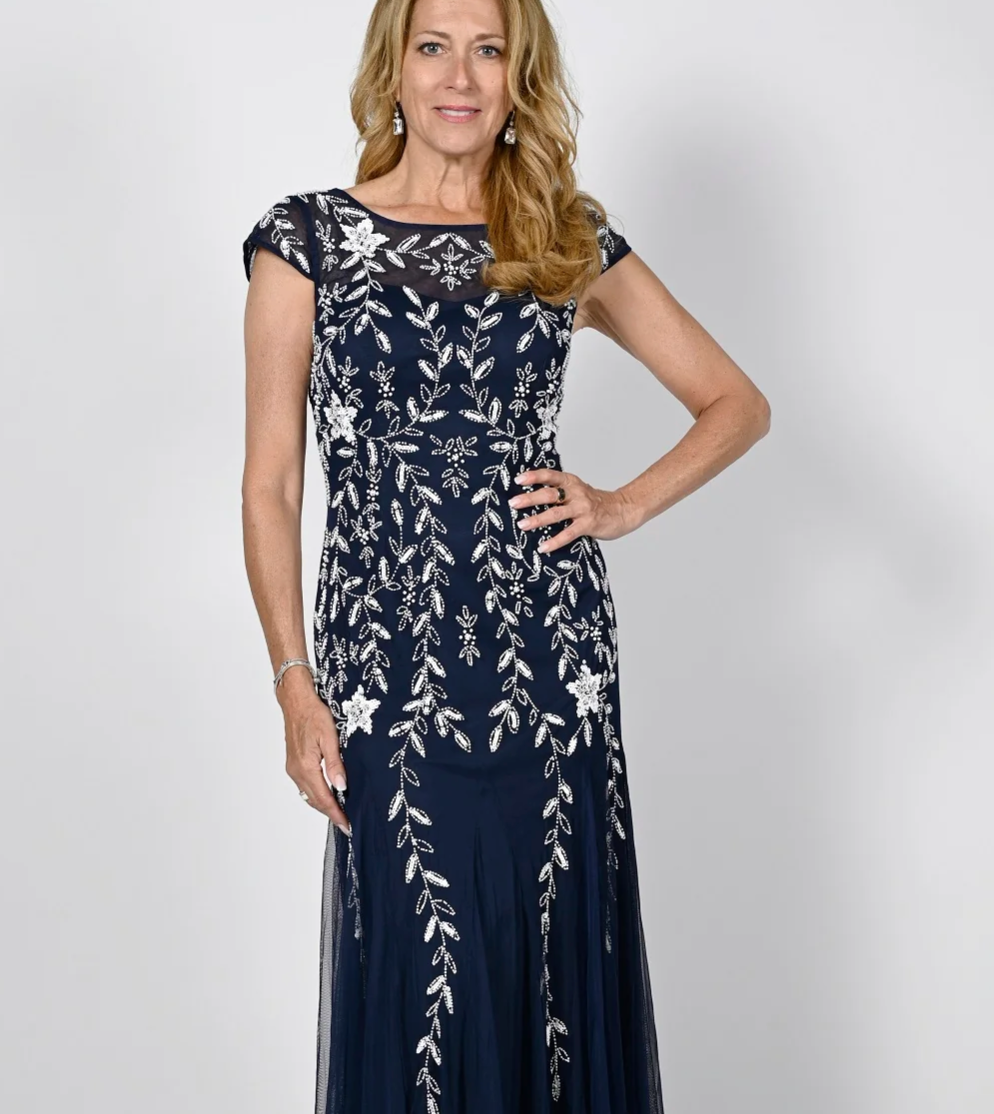 Frank Lyman Navy and White print gown with cap sleeve and chiffon Dress