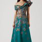 Teri Jon METALLIC JACQUARD ASYMMETRICAL RUFFLE SHOULDER GOWN
