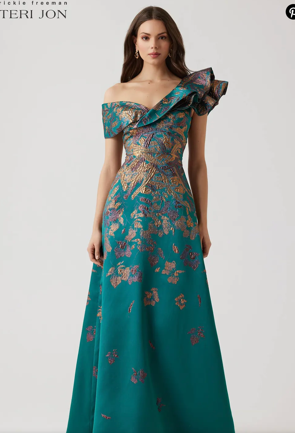 Teri Jon METALLIC JACQUARD ASYMMETRICAL RUFFLE SHOULDER GOWN