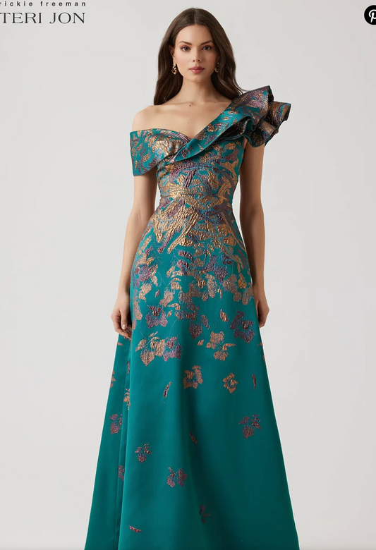 Teri Jon METALLIC JACQUARD ASYMMETRICAL RUFFLE SHOULDER GOWN