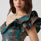 Teri Jon METALLIC JACQUARD ASYMMETRICAL RUFFLE SHOULDER GOWN