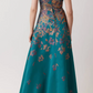 Teri Jon METALLIC JACQUARD ASYMMETRICAL RUFFLE SHOULDER GOWN