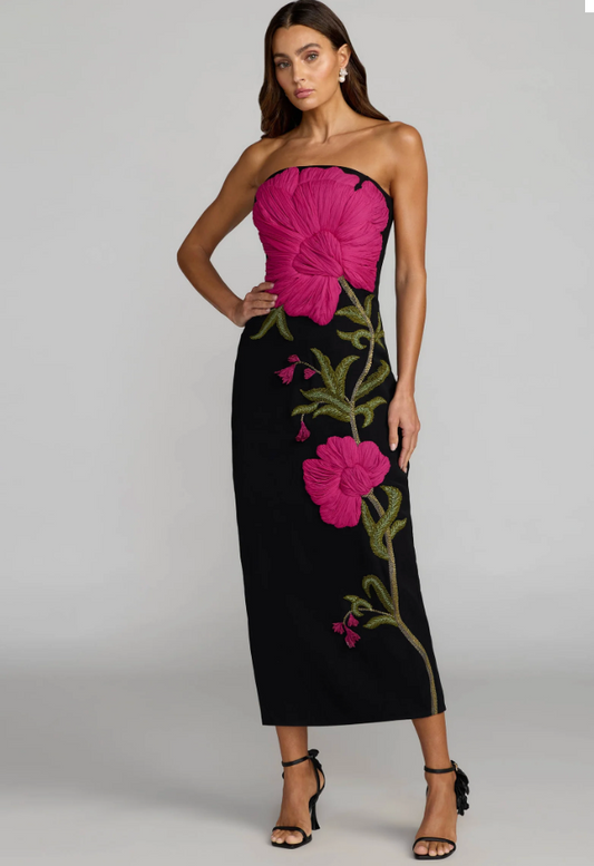 Mac Duggal Black Strapless Floral Embroidered Midi Dress