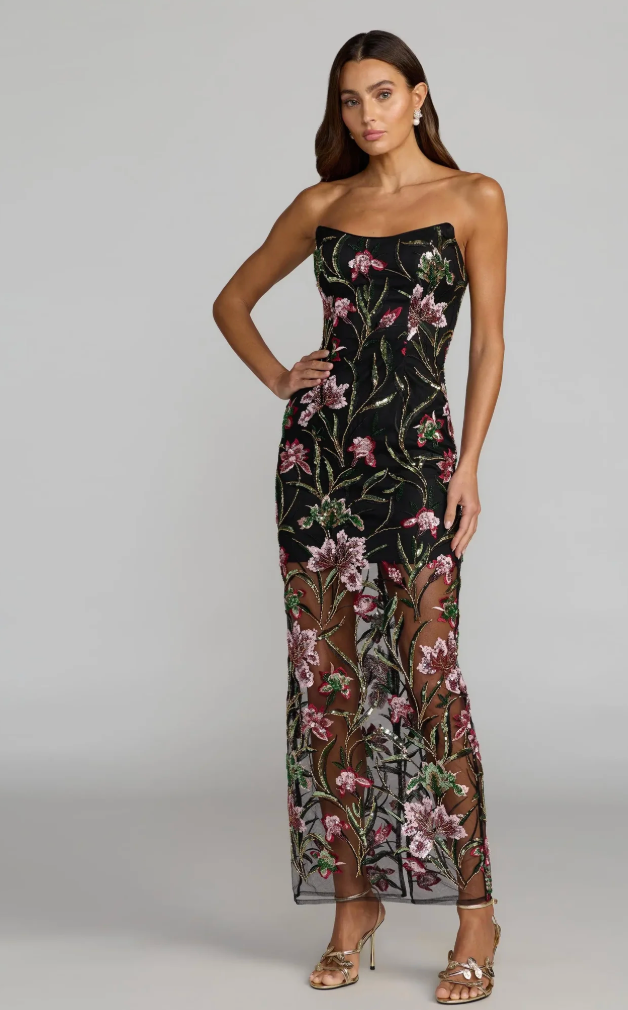 Mac Duggal Black Strapless Floral Embroidered Column Dress