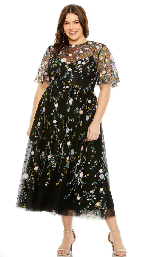 Mac Duggal Plus Size Sequin Floral Detail Midi Dress Sequin Floral Detail Midi