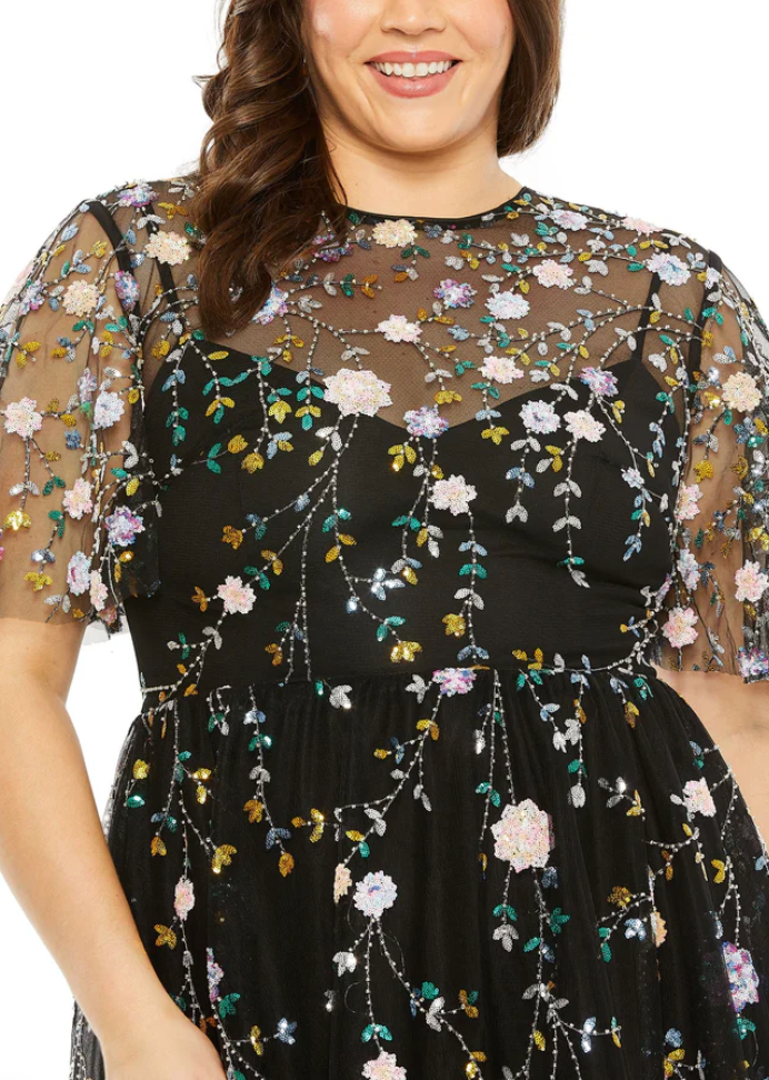 Mac Duggal Plus Size Sequin Floral Detail Midi Dress Sequin Floral Detail Midi