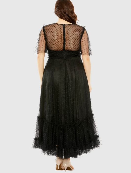 Mac Duggal Black High Neck Tulle Polka Dot Detail Dress