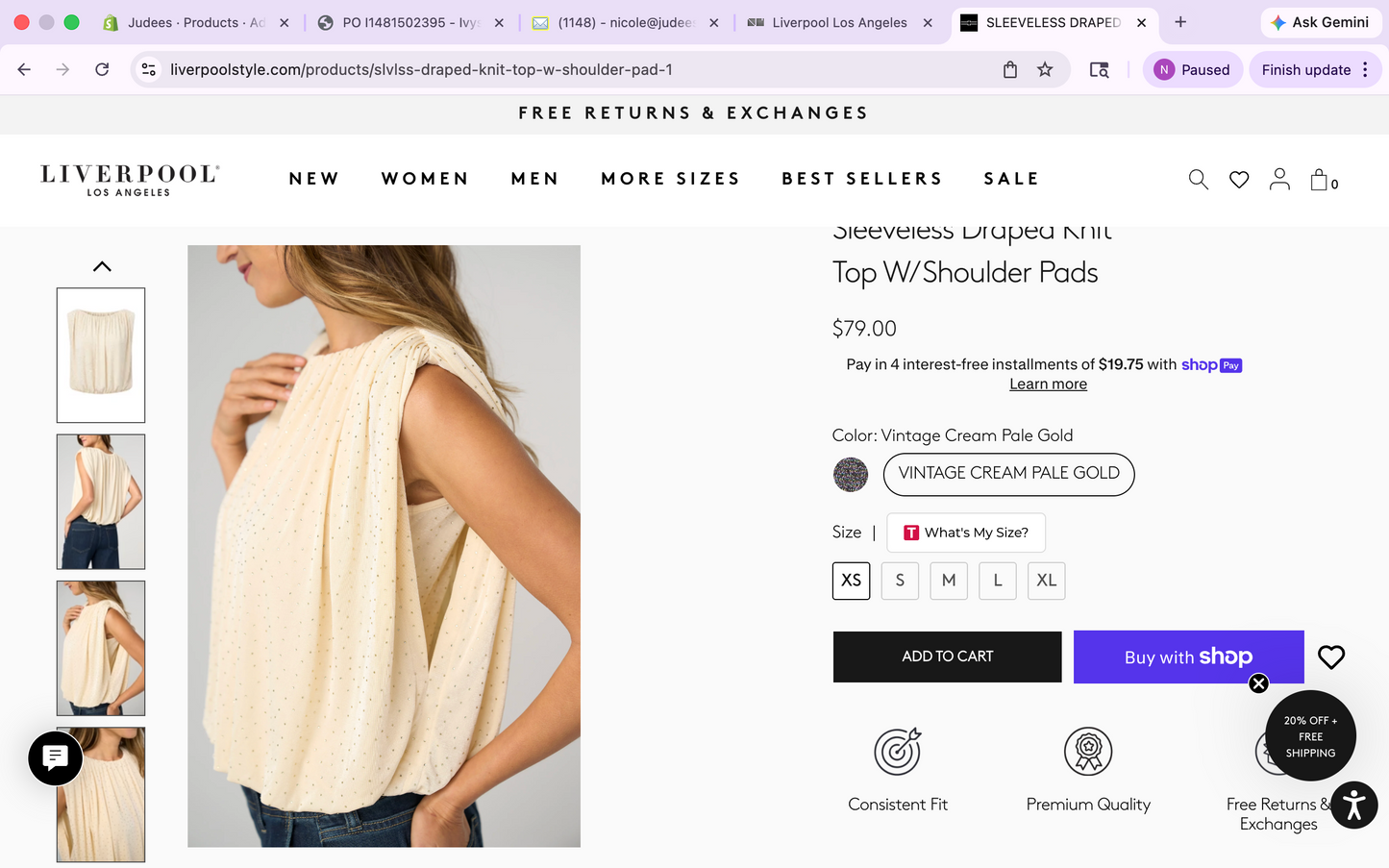 Liverpool Sleeveless Draped Knit Top W/ Shoulder Pads