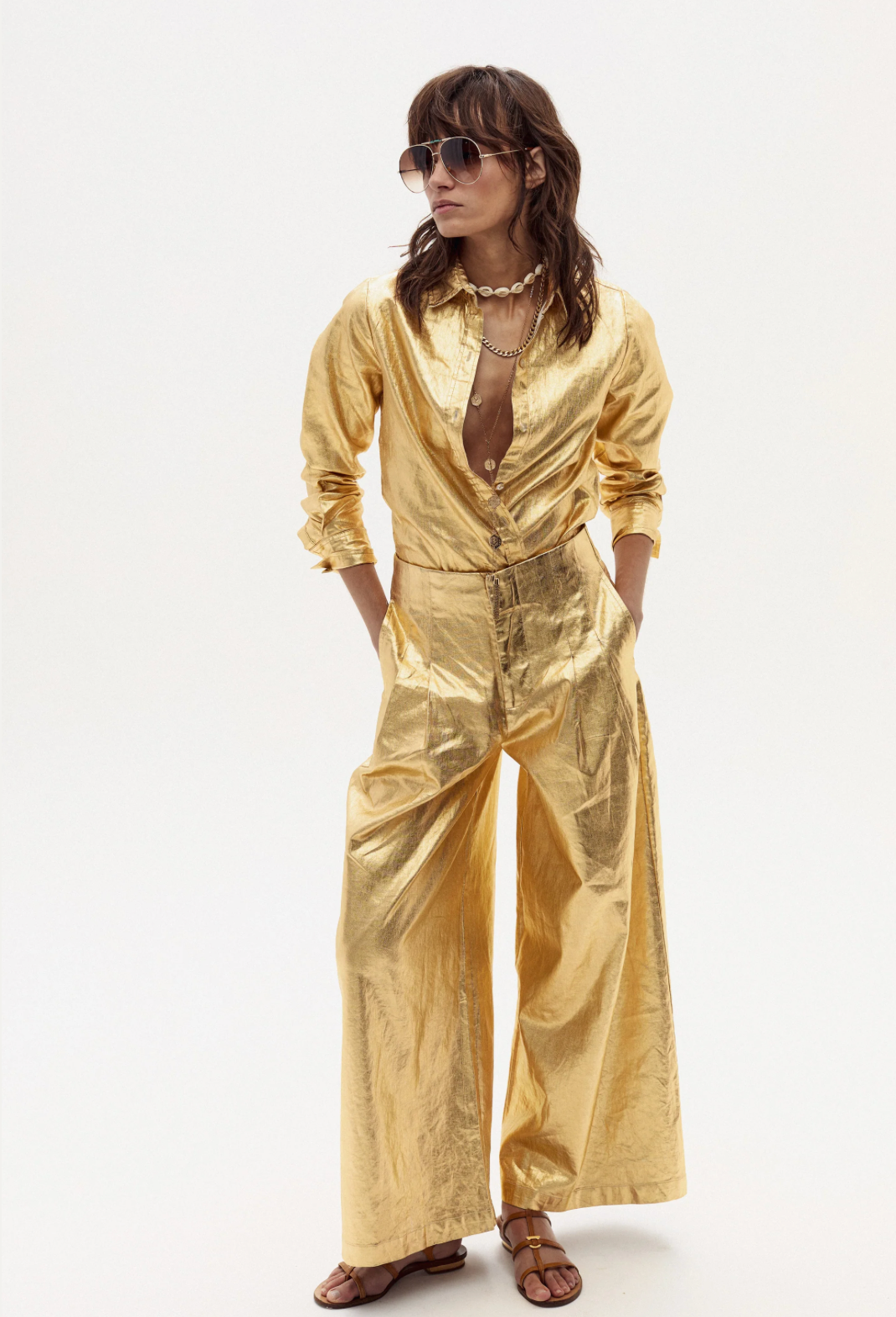 CULOTTE METALLIC LINEN PANTS - GOLD