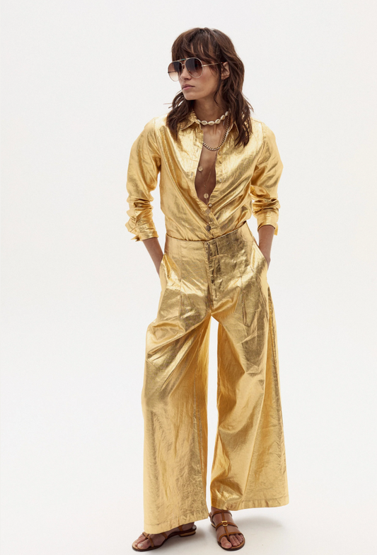 CULOTTE METALLIC LINEN PANTS - GOLD