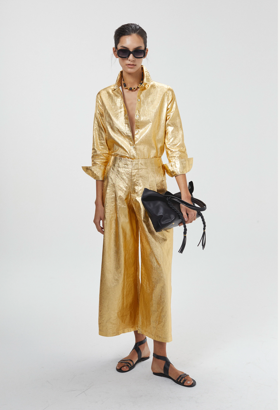 CULOTTE METALLIC LINEN PANTS - GOLD