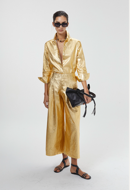 CULOTTE METALLIC LINEN PANTS - GOLD