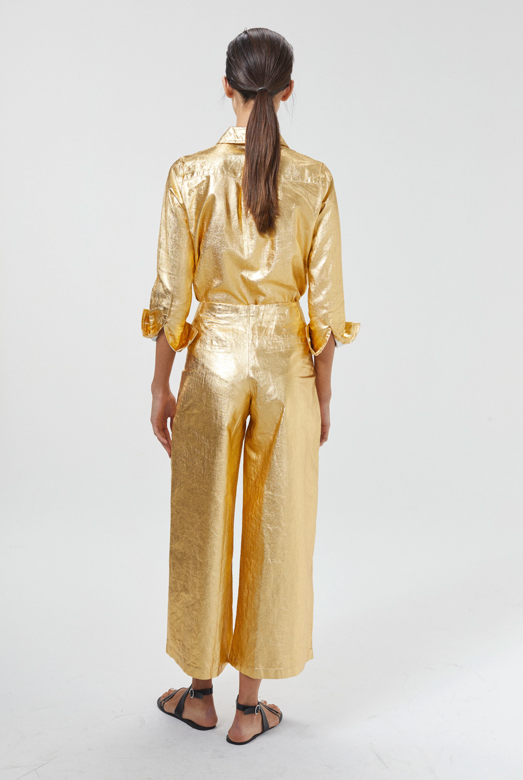 CULOTTE METALLIC LINEN PANTS - GOLD