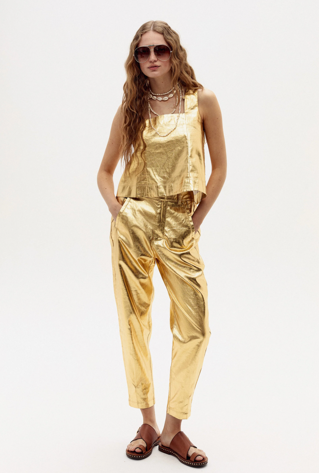 ANYA METALLIC LINEN PANTS - GOLD