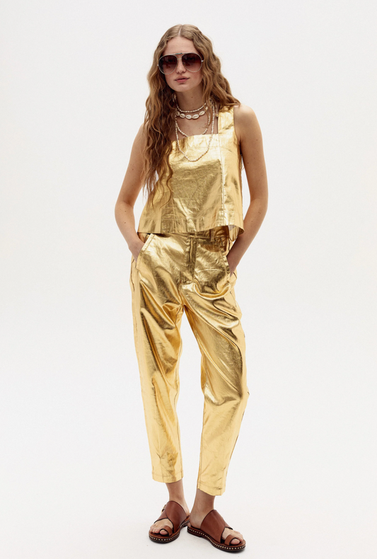 ANYA METALLIC LINEN PANTS - GOLD