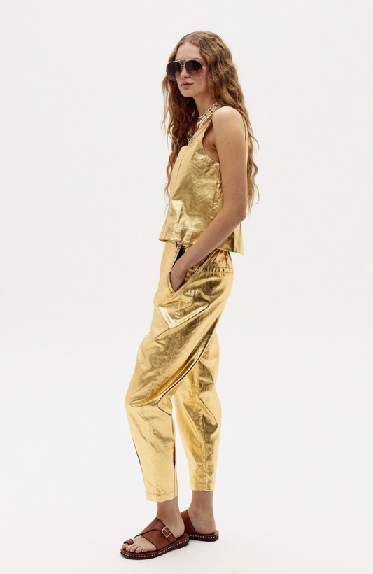 ANYA METALLIC LINEN PANTS - GOLD