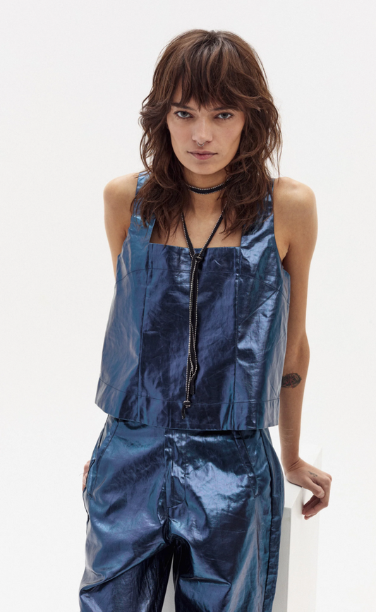 MEI METALLIC LINEN TOP - DARK BLUE