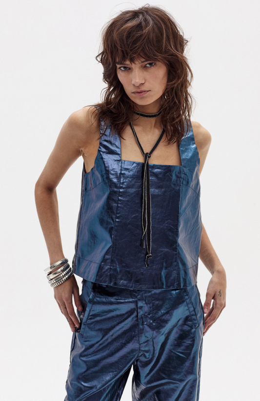 MEI METALLIC LINEN TOP - DARK BLUE