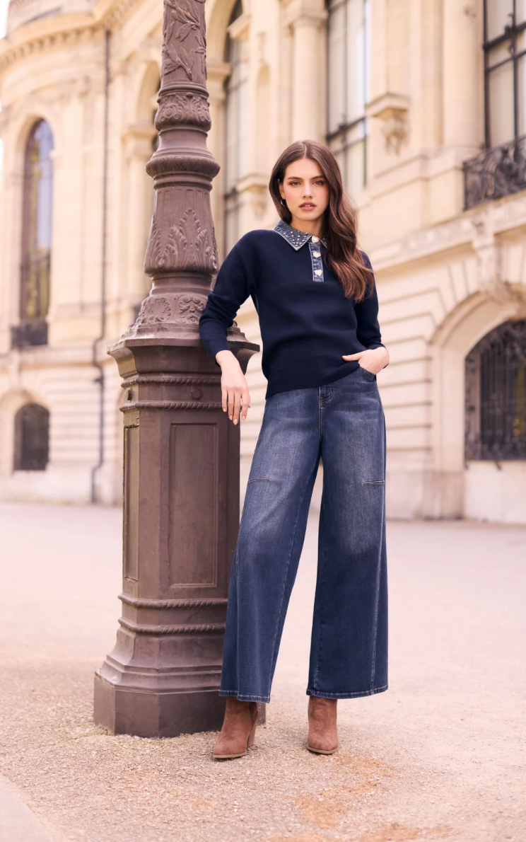 Frank Lyman Sweater with Embellished Denim Collar