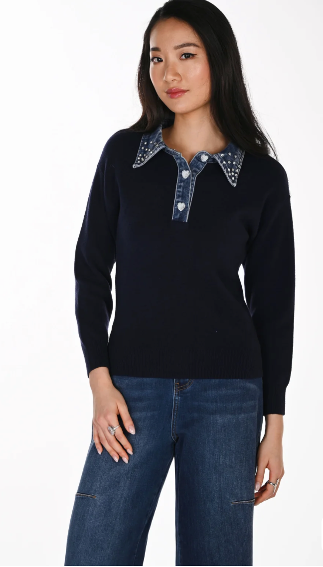 Frank Lyman Sweater with Embellished Denim Collar