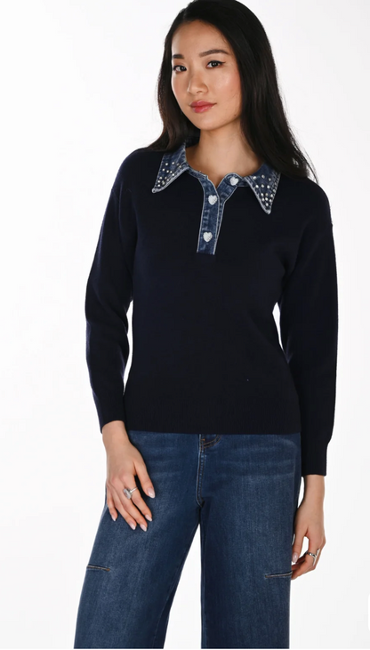 Frank Lyman Sweater with Embellished Denim Collar