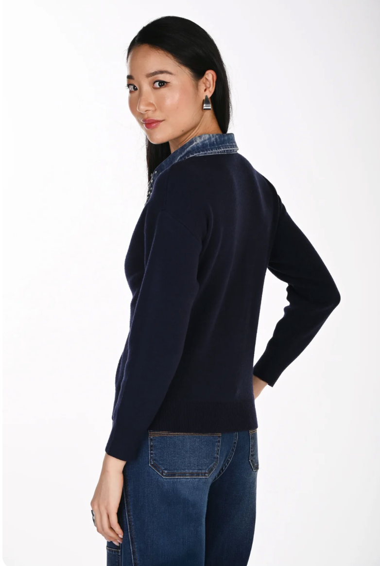 Frank Lyman Sweater with Embellished Denim Collar