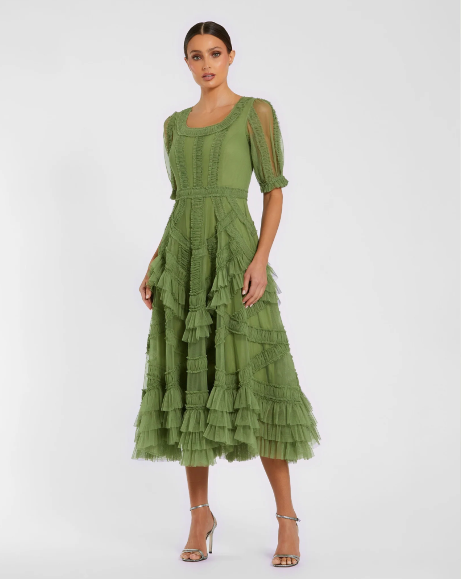 Petite Moss Green Short Sleeve Micro Ruffle Midi Dress