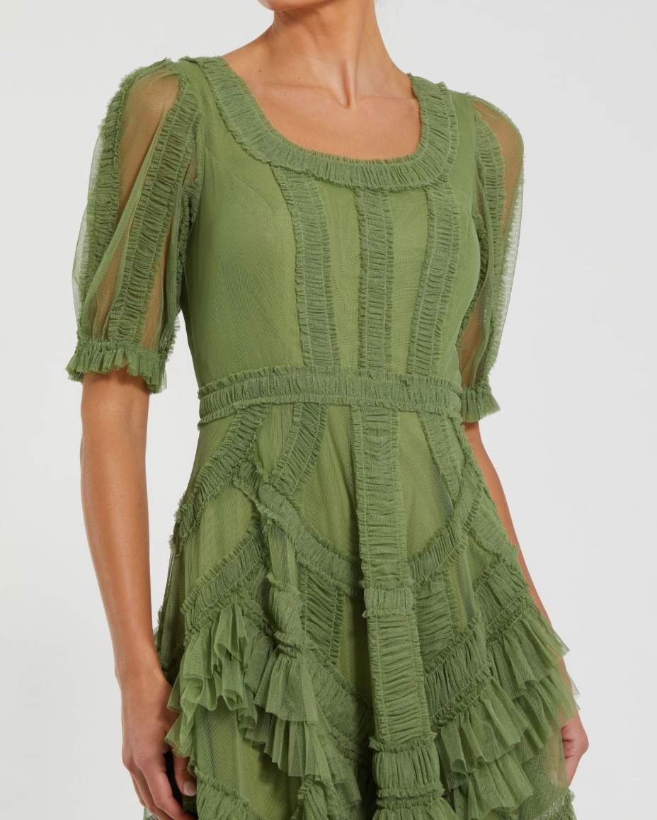 Petite Moss Green Short Sleeve Micro Ruffle Midi Dress