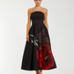 Black Printed Satin Strapless Midi Dress With Pockets