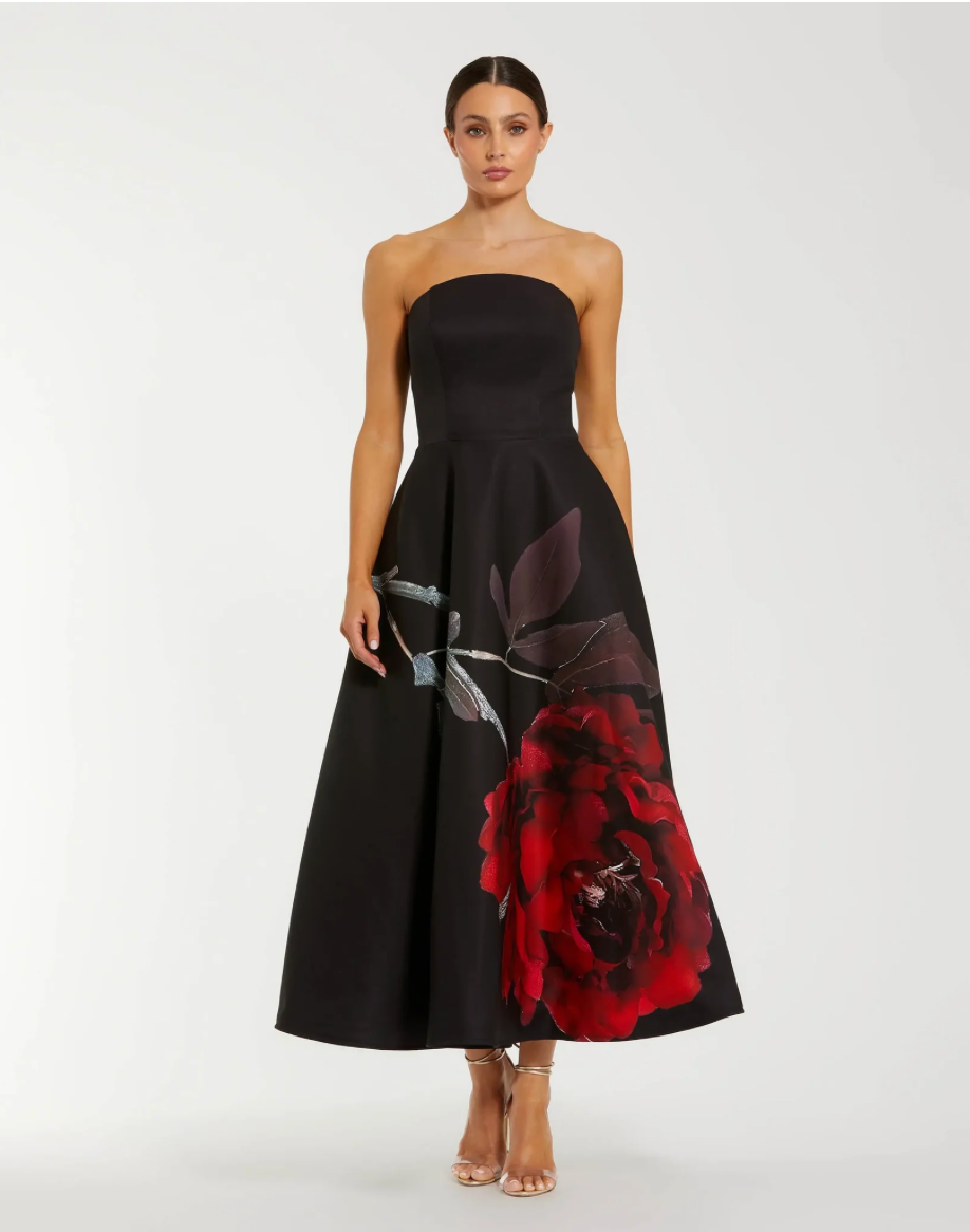 Black Printed Satin Strapless Midi Dress With Pockets