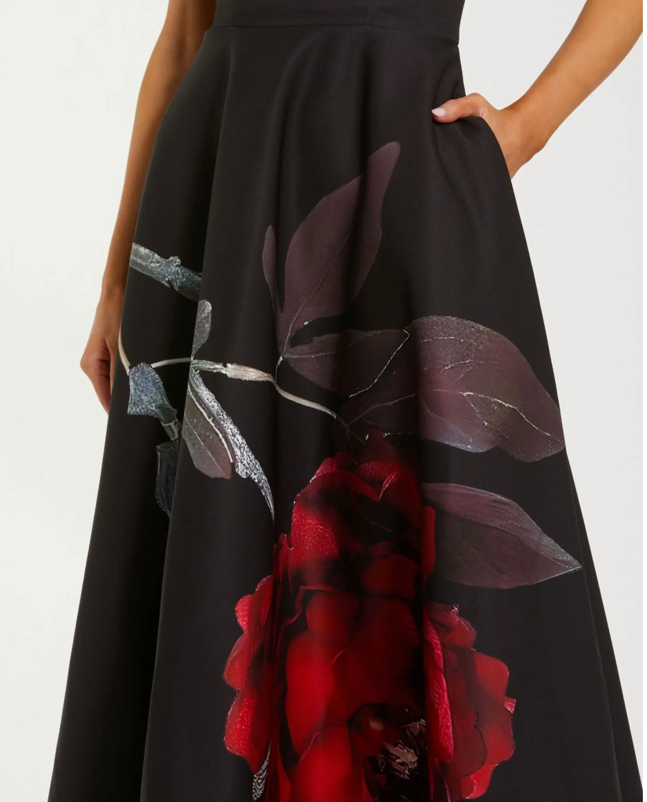 Black Printed Satin Strapless Midi Dress With Pockets