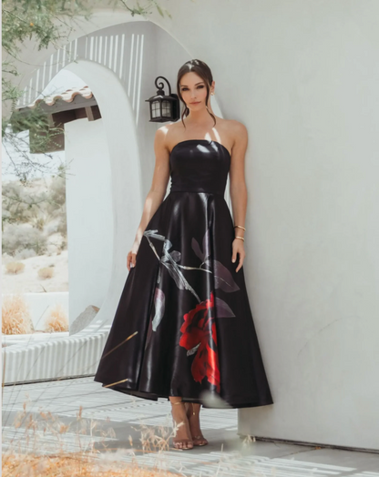 Black Printed Satin Strapless Midi Dress With Pockets
