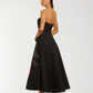 Black Printed Satin Strapless Midi Dress With Pockets