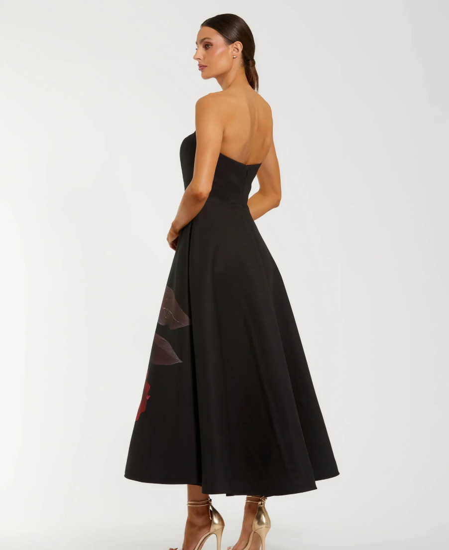 Black Printed Satin Strapless Midi Dress With Pockets